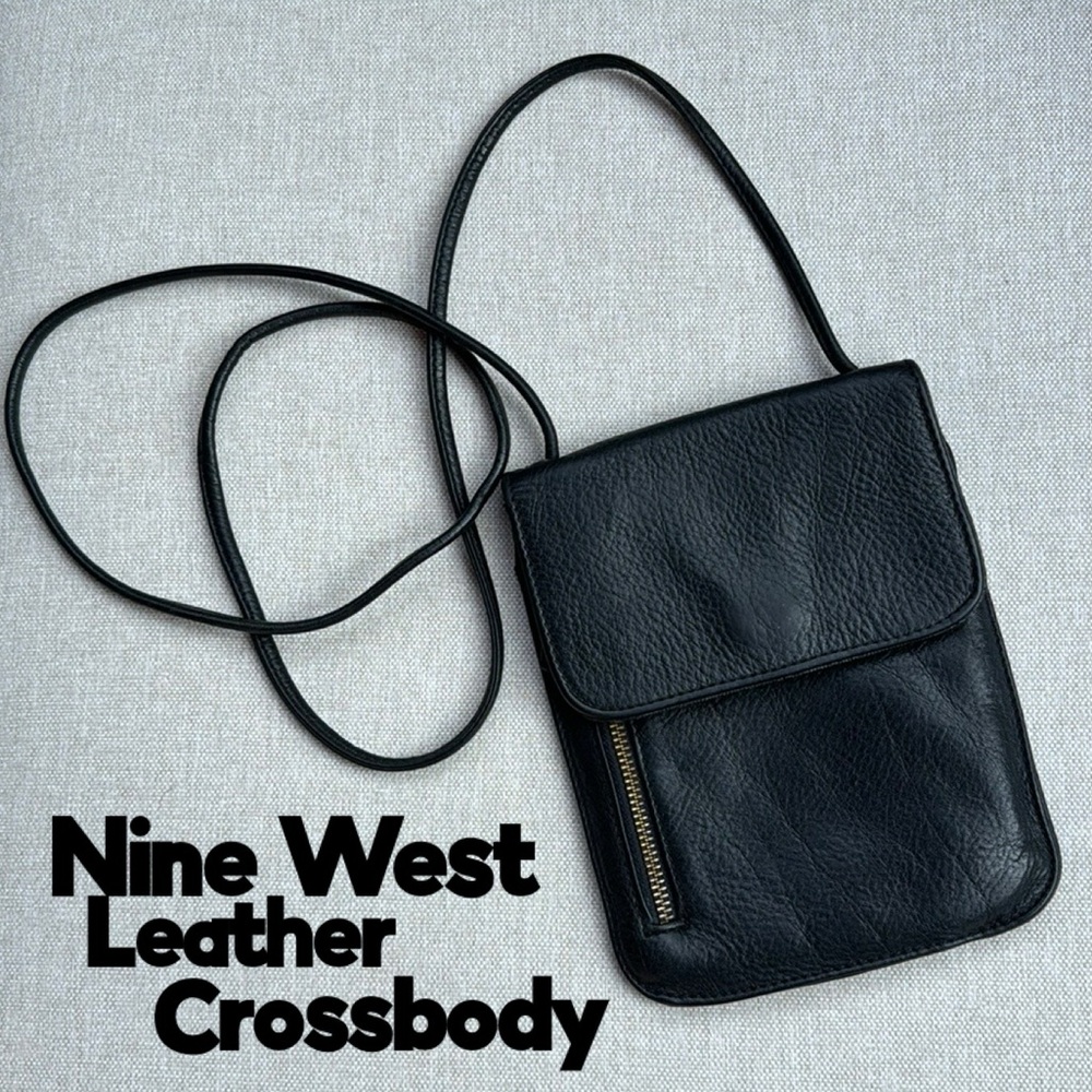 Leather Nine West-Crossbody-Black-6x8 Envelope Style-Flap Closure